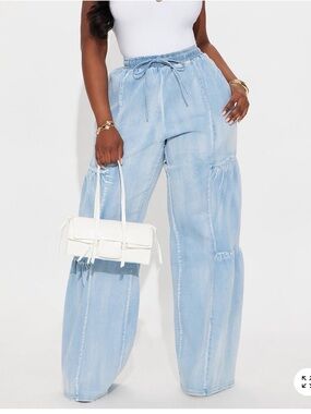 Cargo Light Blue Wide Leg Drawstring Jeans
